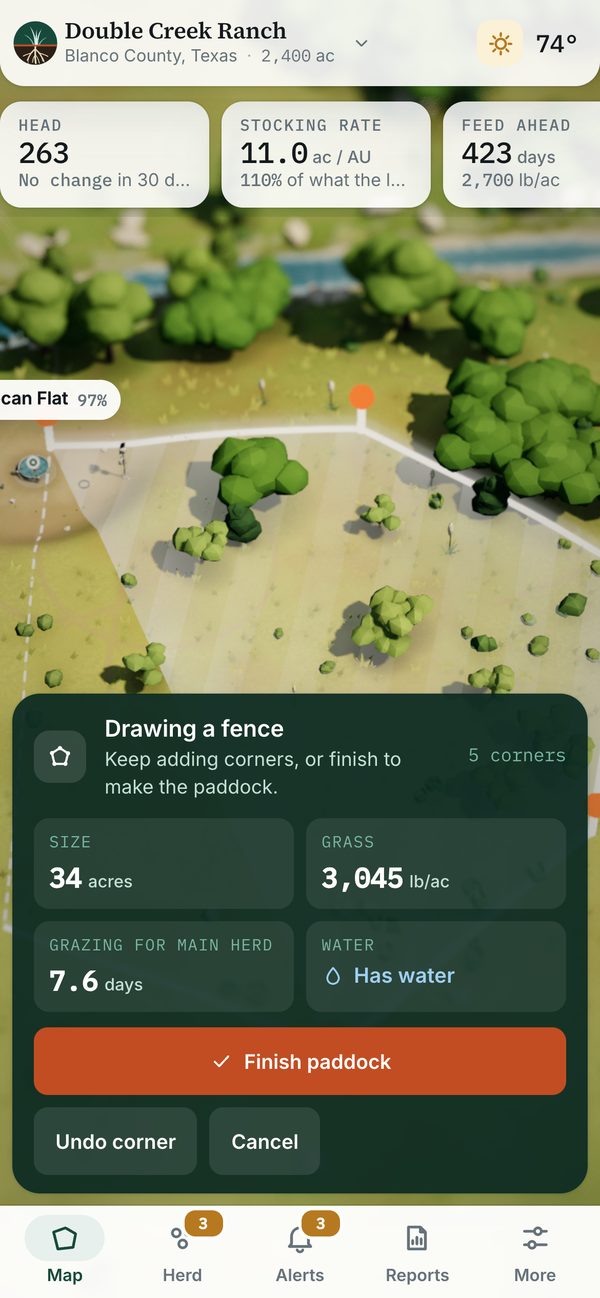 Phone screen: drawing a new paddock, with its acres, grass and days of grazing