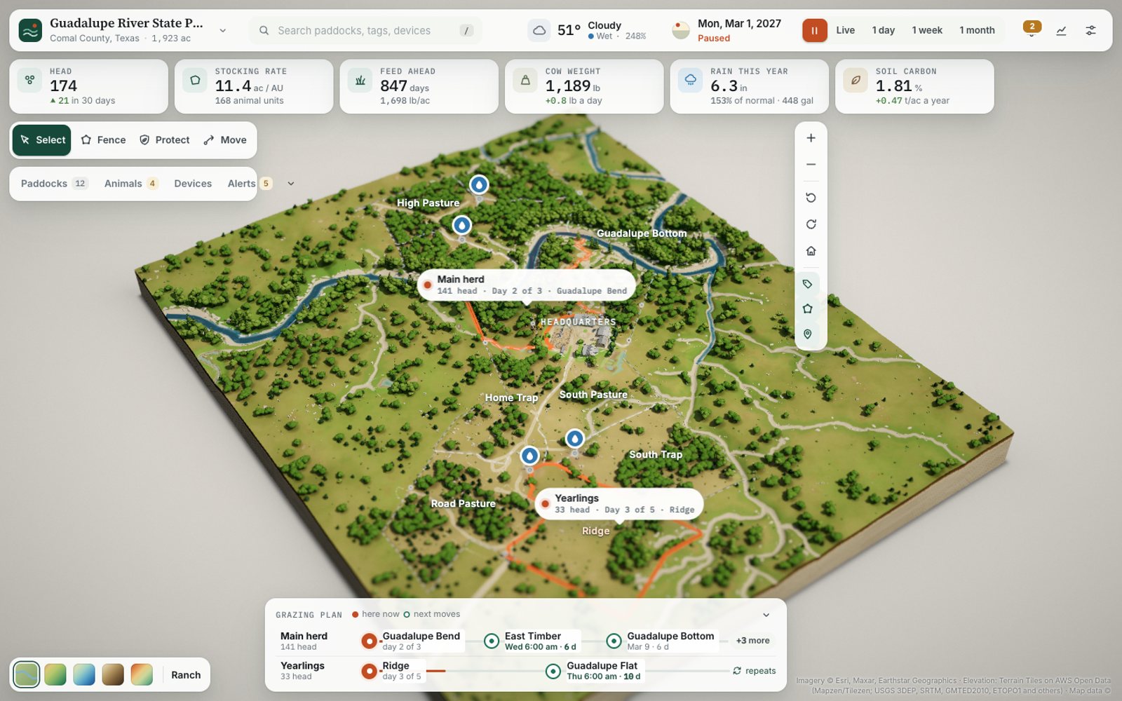 The same boundary rebuilt as a 3D model: wooded Hill Country terrain, the Guadalupe River, roads, headquarters, paddocks and water points